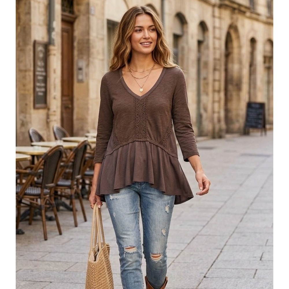 Meadow Rue Mixed Media Peplum Top Womens M Brown Crochet Lace Boho Anthropologie